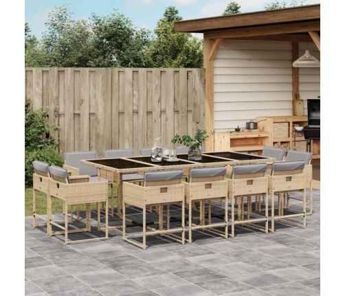 Set comedor de jardín con cojines 13 pzas ratán sintético beige
