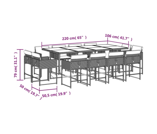 Set comedor de jardín con cojines 13 pzas ratán sintético gris