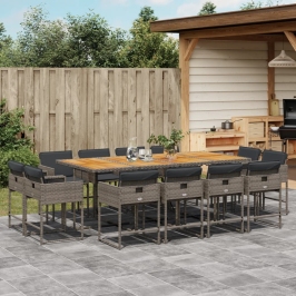 Set comedor de jardín con cojines 13 pzas ratán sintético gris