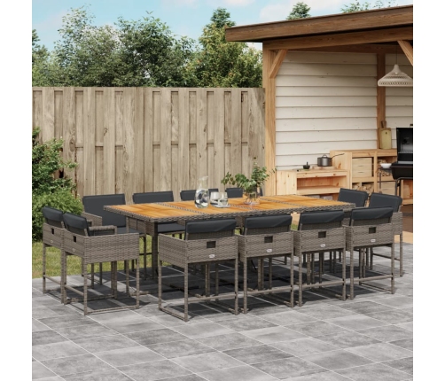 Set comedor de jardín con cojines 13 pzas ratán sintético gris