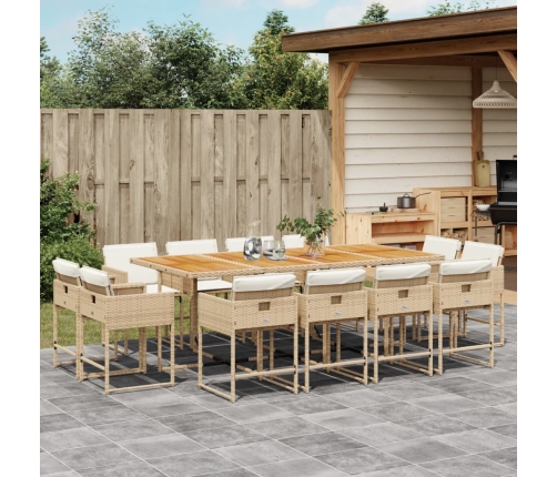 Set comedor de jardín con cojines 13 pzas ratán sintético beige