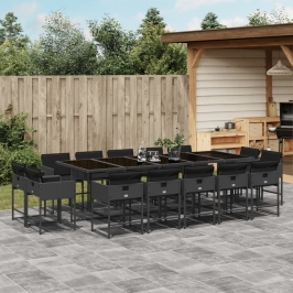 Set comedor de jardín con cojines 15 pzas ratán sintético negro