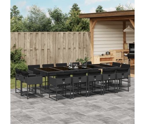 Set comedor de jardín con cojines 15 pzas ratán sintético negro