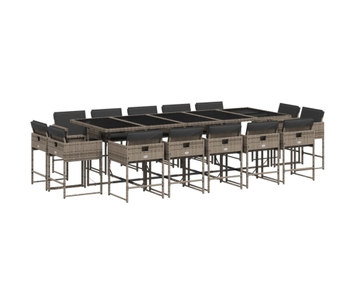 Set comedor de jardín con cojines 15 pzas ratán sintético gris