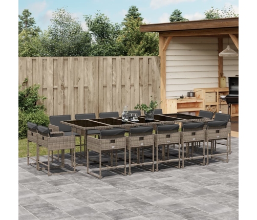Set comedor de jardín con cojines 15 pzas ratán sintético gris
