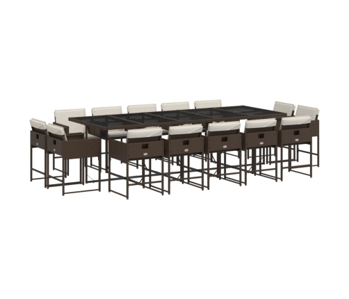 Set comedor de jardín y cojines 15 pzas ratán sintético marrón
