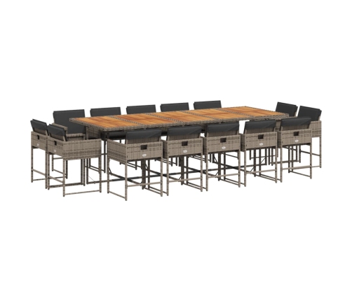 Set comedor de jardín con cojines 15 pzas ratán sintético gris