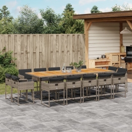 Set comedor de jardín con cojines 15 pzas ratán sintético gris