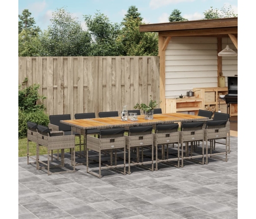 Set comedor de jardín con cojines 15 pzas ratán sintético gris