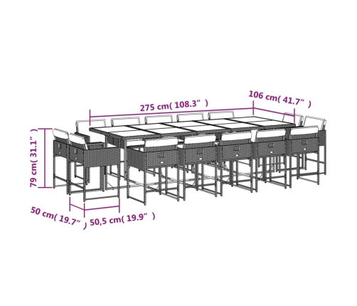 Set comedor de jardín con cojines 15 pzas ratán sintético negro
