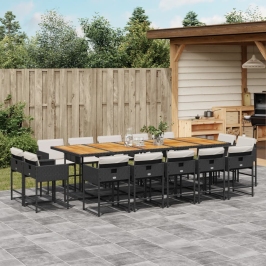 Set comedor de jardín con cojines 15 pzas ratán sintético negro