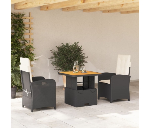 Set comedor de jardín 3 pzas con cojines ratán sintético negro