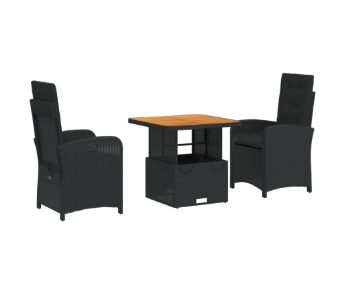Set comedor de jardín 3 pzas con cojines ratán sintético negro