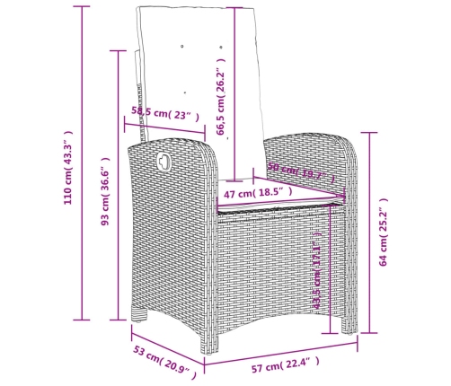 Set comedor de jardín 3 pzas con cojines ratán sintético negro
