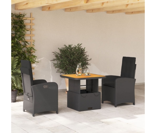 Set comedor de jardín 3 pzas con cojines ratán sintético negro