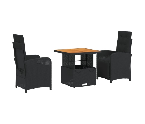 Set comedor de jardín 3 pzas con cojines ratán sintético negro