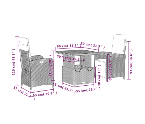 Set comedor de jardín 3 pzas con cojines ratán sintético negro