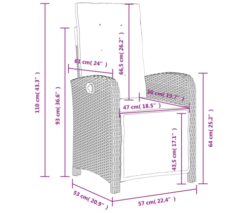 Set comedor de jardín 3 pzas con cojines ratán sintético negro