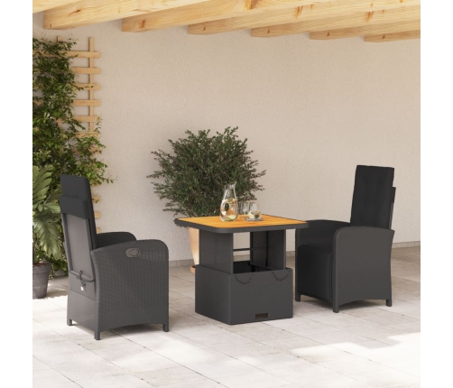 Set comedor de jardín 3 pzas con cojines ratán sintético negro