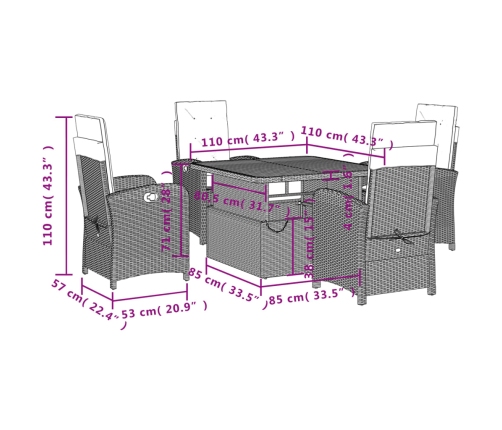 Set de muebles jardín 5 pzas con cojines ratán sintético negro