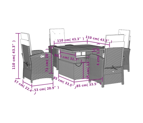 Set de muebles jardín 5 pzas con cojines ratán sintético negro