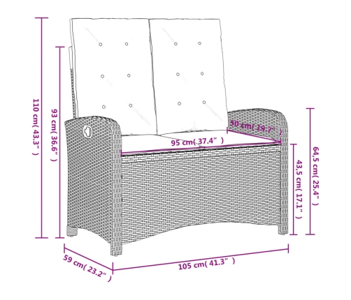 Set comedor de jardín 2 pzas con cojines ratán sintético negro