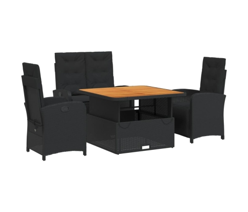 Juego comedor jardín 4 piezas con cojines ratán sintético negro