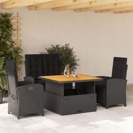Juego comedor jardín 4 piezas con cojines ratán sintético negro