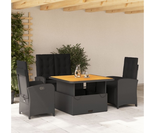 Juego comedor jardín 4 piezas con cojines ratán sintético negro