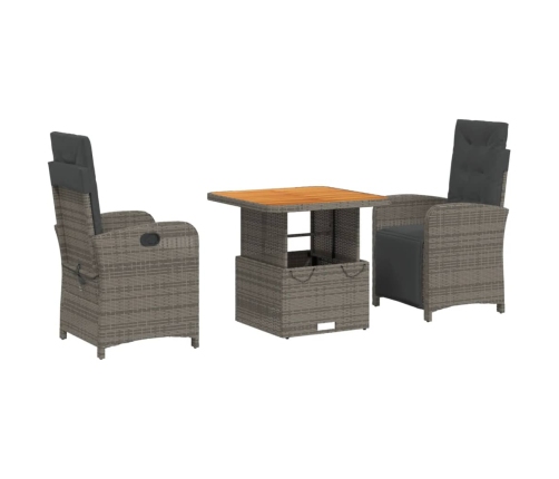 Set comedor de jardín 3 piezas con cojines ratán sintético gris
