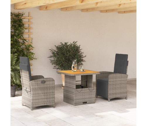 Set comedor de jardín 3 piezas con cojines ratán sintético gris