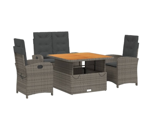 Juego de comedor de jardín 4 piezas con cojines ratán PE gris