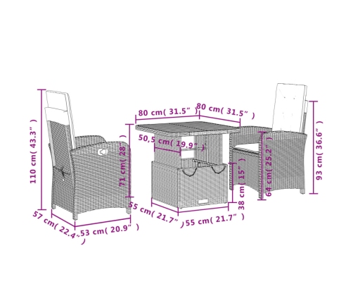 Set comedor de jardín 3 pzas con cojines ratán sintético beige