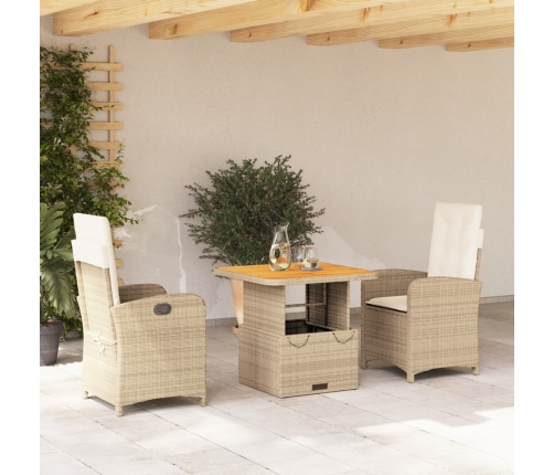 Set comedor de jardín 3 pzas con cojines ratán sintético beige