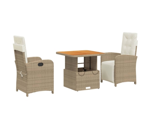 Set comedor de jardín 3 pzas con cojines ratán sintético beige