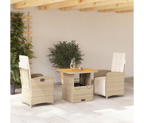 Set comedor de jardín 3 pzas con cojines ratán sintético beige