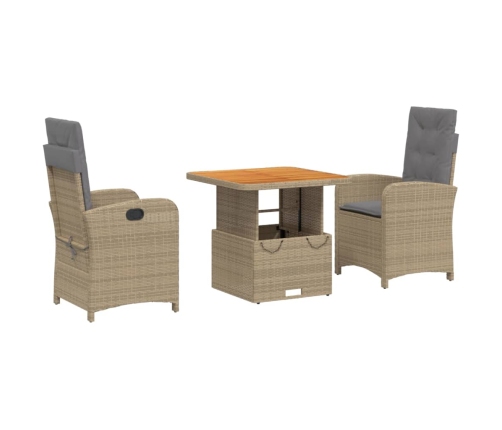 Set comedor de jardín 3 pzas con cojines ratán sintético beige