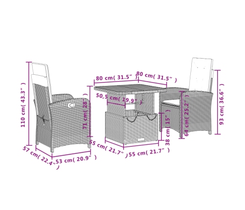 Set comedor de jardín 3 pzas con cojines ratán sintético beige