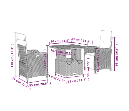 Set comedor de jardín 3 pzas con cojines ratán sintético beige