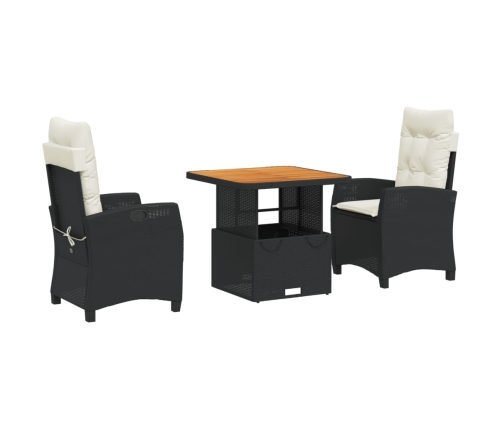 Set comedor de jardín 3 pzas con cojines ratán sintético negro