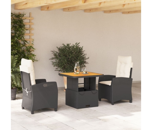 Set comedor de jardín 3 pzas con cojines ratán sintético negro