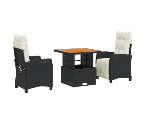 Set comedor de jardín 3 pzas con cojines ratán sintético negro