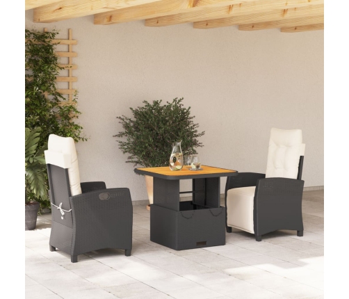 Set comedor de jardín 3 pzas con cojines ratán sintético negro