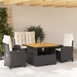 Juego comedor jardín 4 piezas con cojines ratán sintético negro