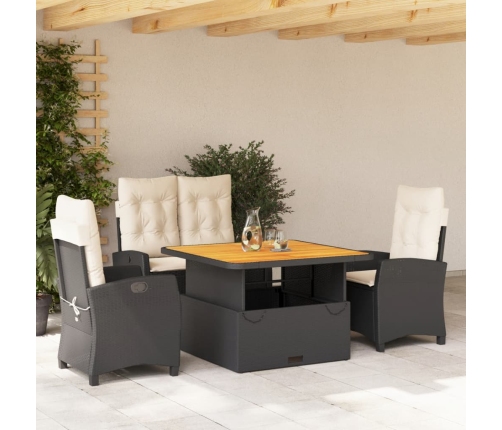 Juego comedor jardín 4 piezas con cojines ratán sintético negro