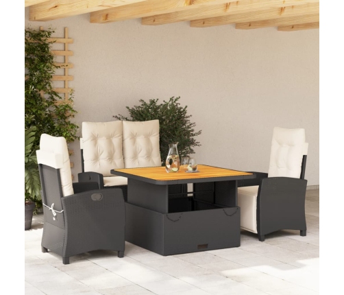 Juego comedor jardín 4 piezas con cojines ratán sintético negro