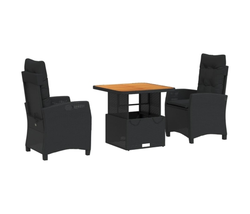 Set comedor de jardín 3 pzas con cojines ratán sintético negro