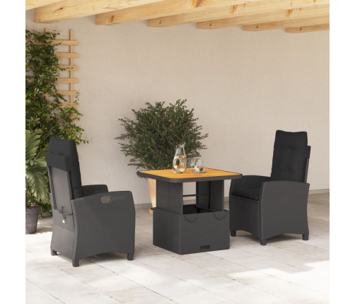 Set comedor de jardín 3 pzas con cojines ratán sintético negro
