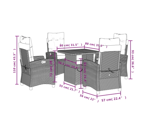 Set de muebles jardín 5 pzas con cojines ratán sintético negro
