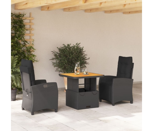 Set comedor de jardín 3 pzas con cojines ratán sintético negro